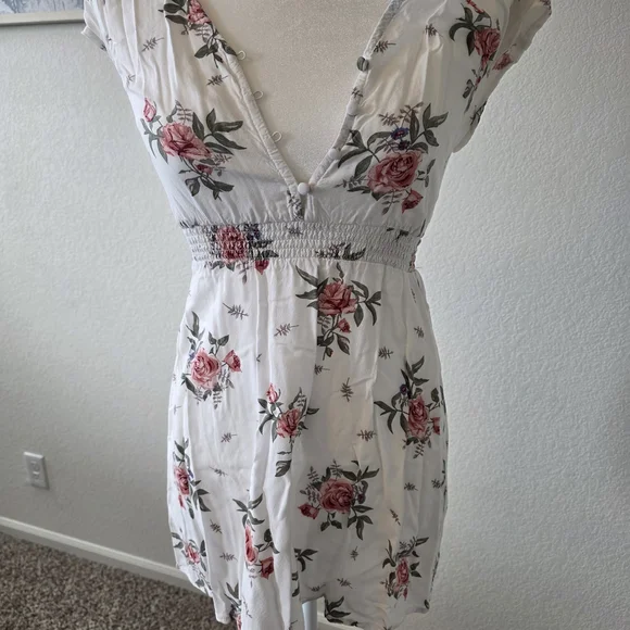 Floral V-Neck Summer Dress - White with Pink Rose Print - Picture 1 of 7